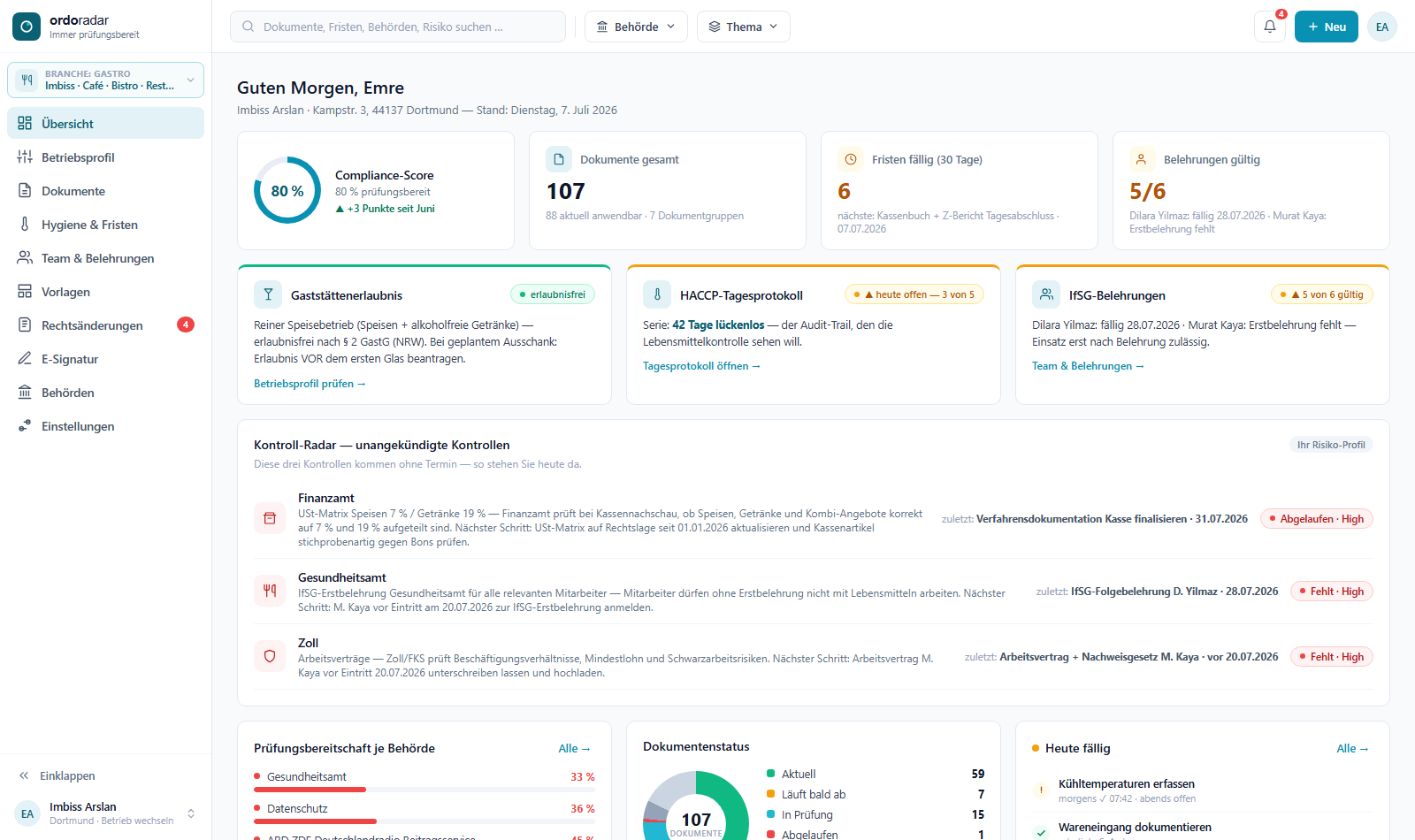 OrdoRadar Gastro-Modul – Compliance-Score, HACCP-Tagesprotokoll und Kontroll-Radar