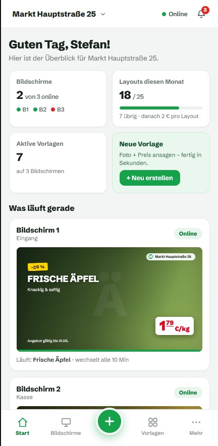 PromoFast App – Startübersicht mit laufenden Aktionen